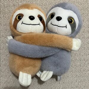 Adorable Sloth Plush Toy Pair - Tan and Gray - with huggable Velcro hands